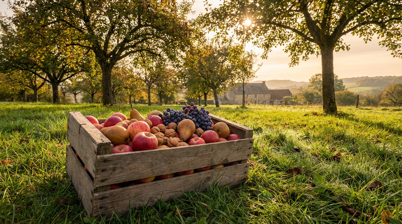 Panier de fruits de saison octobre avec pommes poires et noix dans un verger