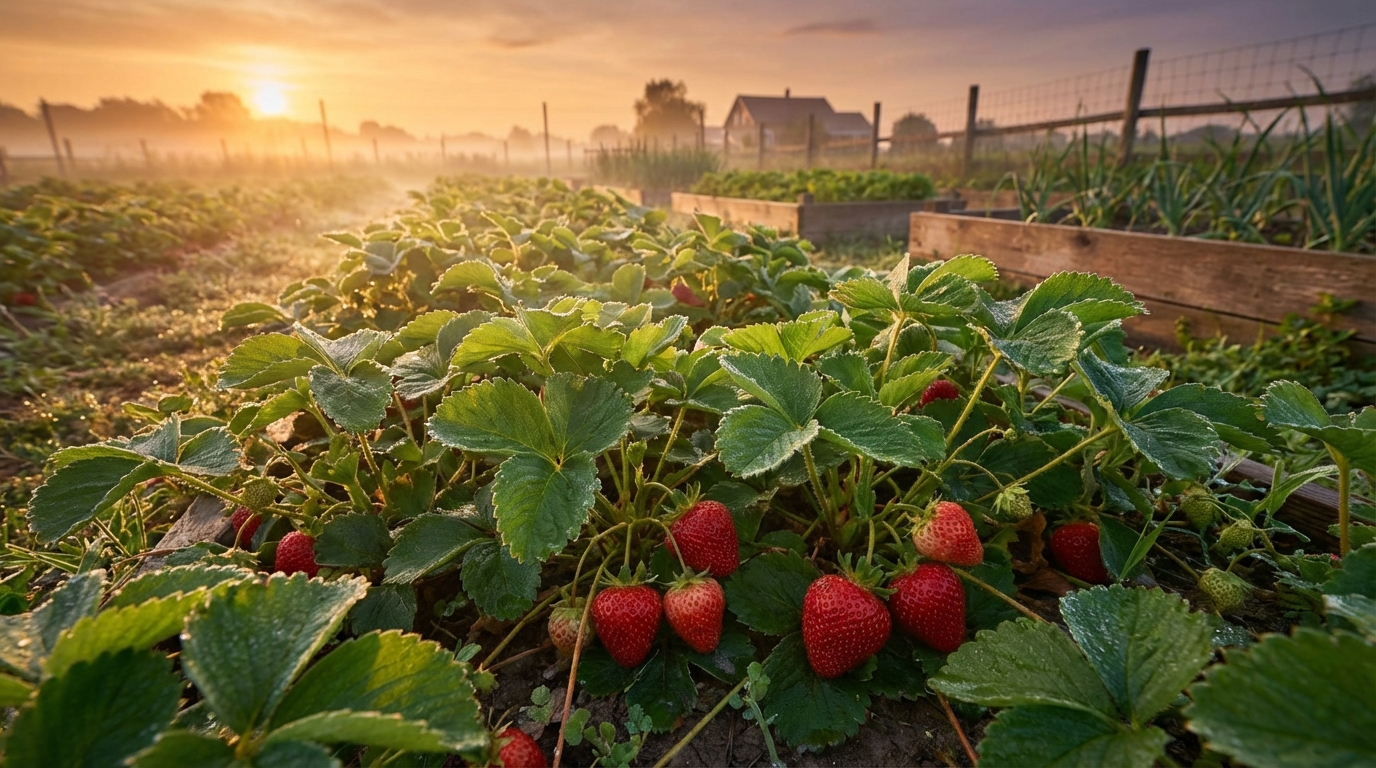 Plantation de fraisiers luxuriante au lever du soleil avec des fruits mûrs