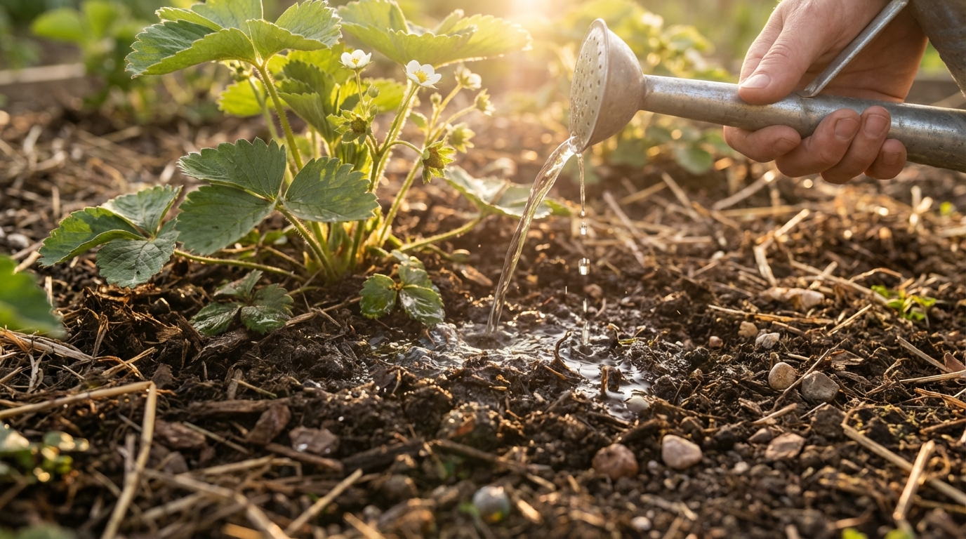 Arrosage au pied d'un plant de fraisier le matin pour éviter l'évaporation