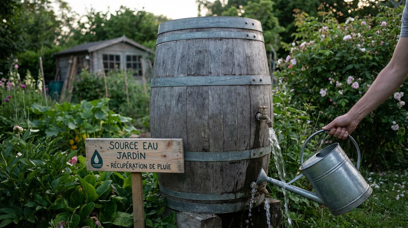 Récupérateur d'eau de pluie dans un jardin pour un arrosage écologique