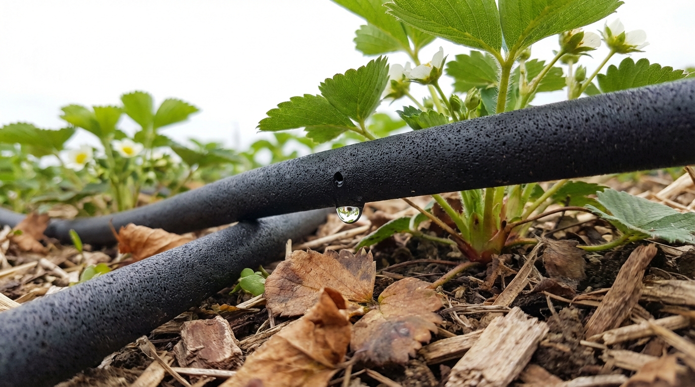Système d'arrosage goutte-à-goutte installé au pied des fraisiers