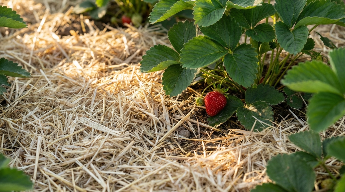 Paillage de lin au pied d'un fraisier pour conserver l'humidité
