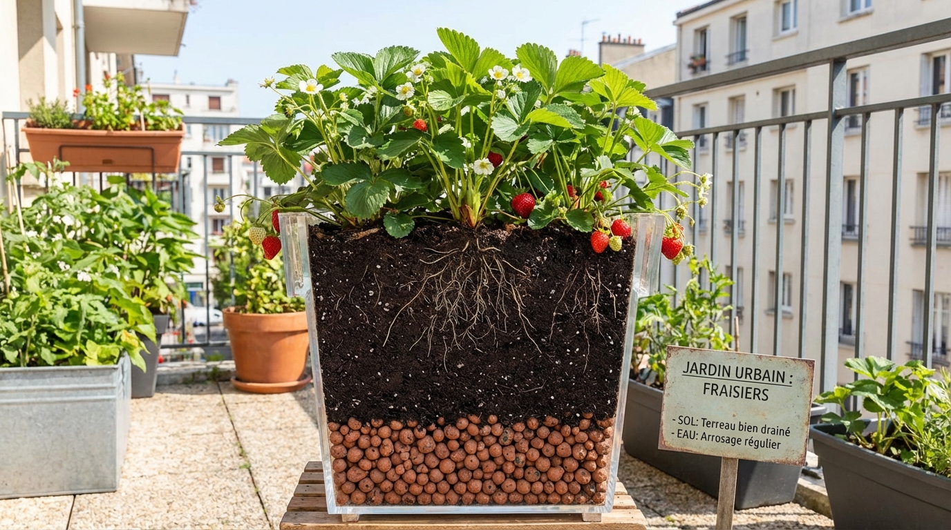 Coupe transversale d'un pot de fraisier montrant le drainage et les racines
