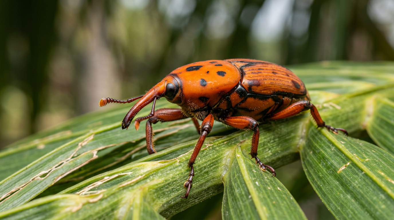 Gros plan sur un charançon rouge des palmiers adulte avec ses taches noires