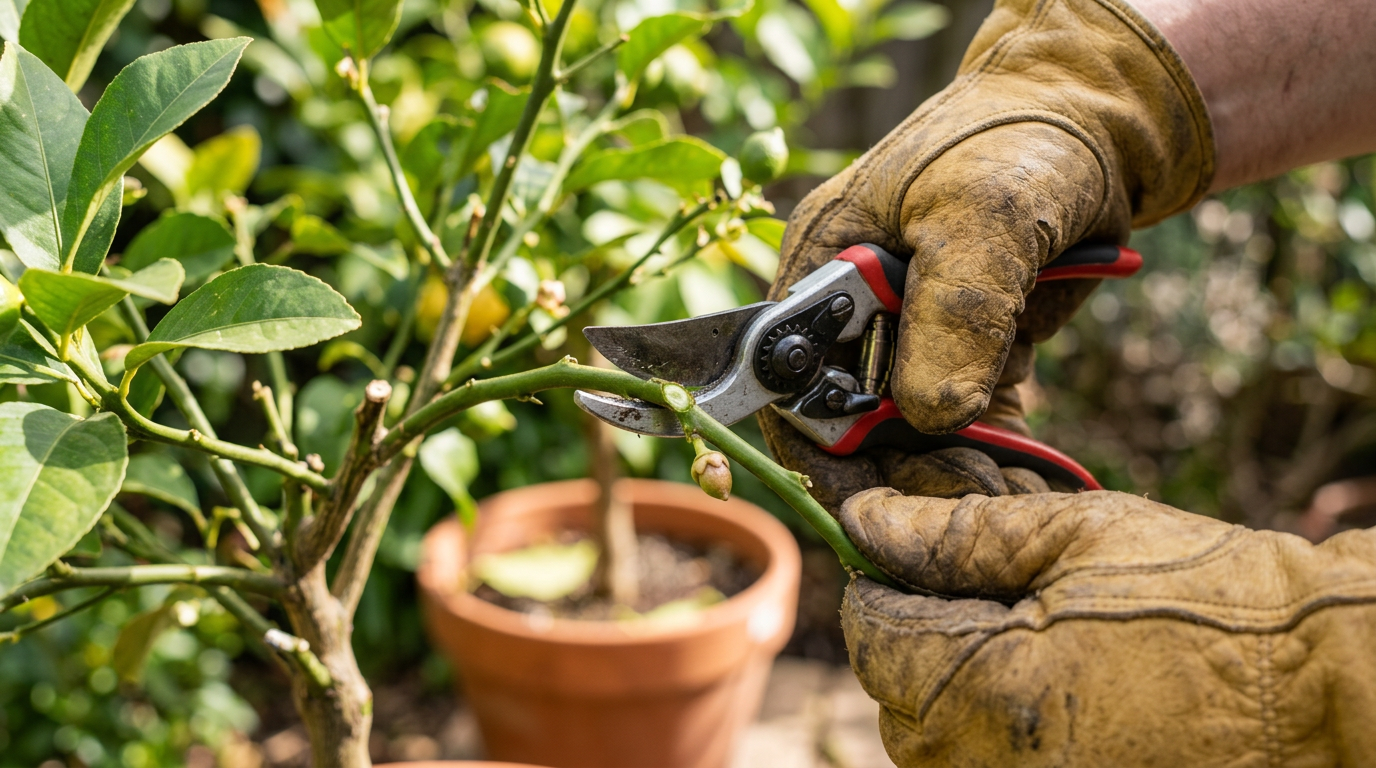Jardinier coupant une branche de citronnier avec un sécateur au-dessus d'un bourgeon