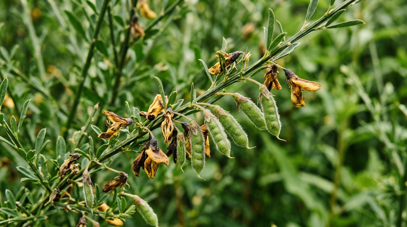 Branche de genêt fanée indiquant la période idéale pour la taille