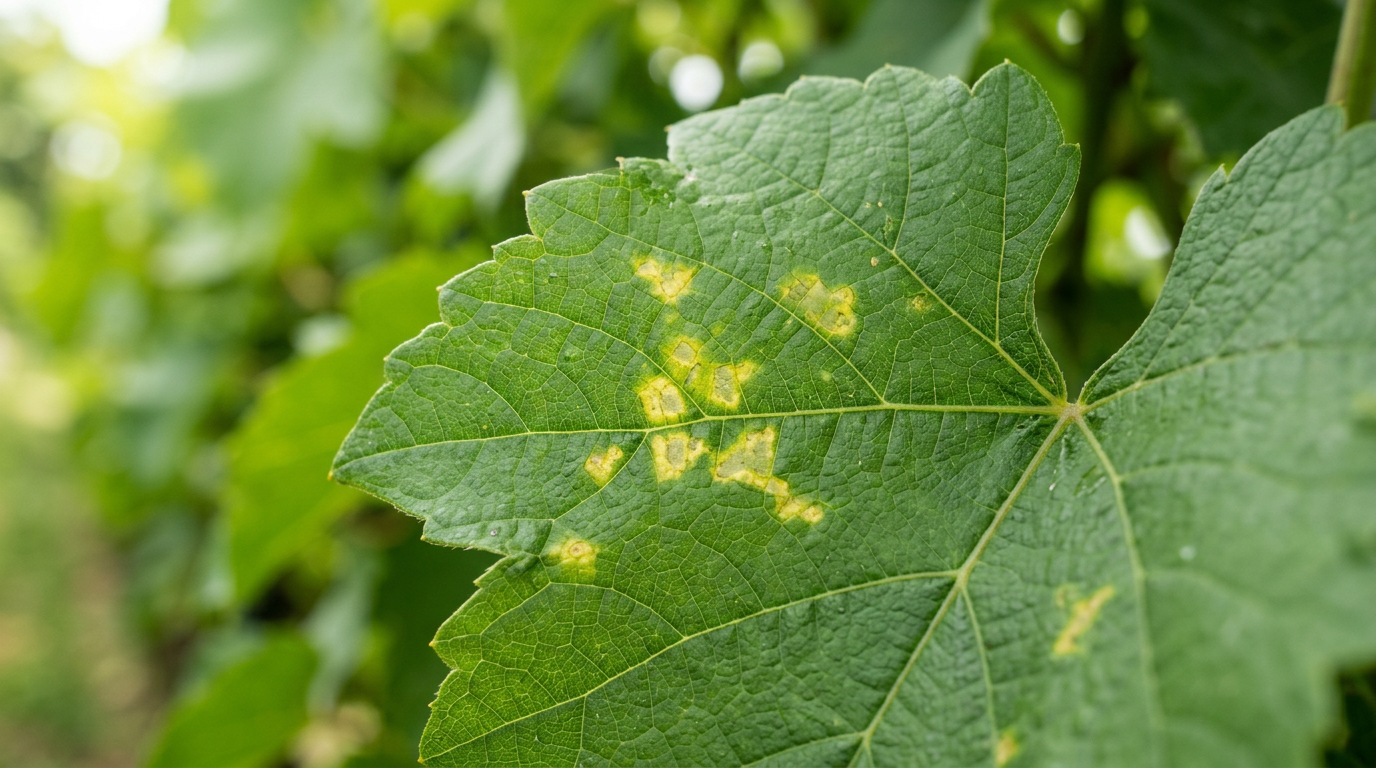 Symptômes du mildiou sur une feuille de vigne avec taches d'huile