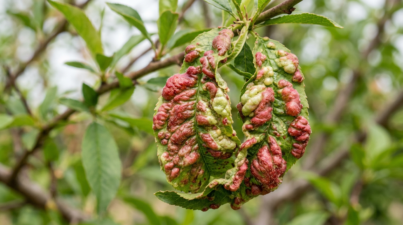 Gros plan sur une feuille de pêcher déformée par la cloque