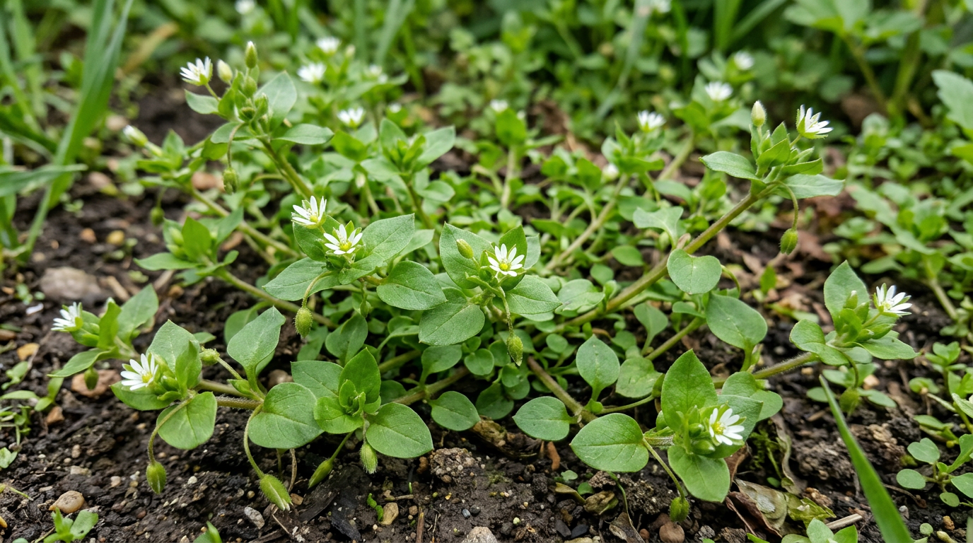 Plant de mouron des oiseaux au jardin avec feuilles ovales et fleurs blanches