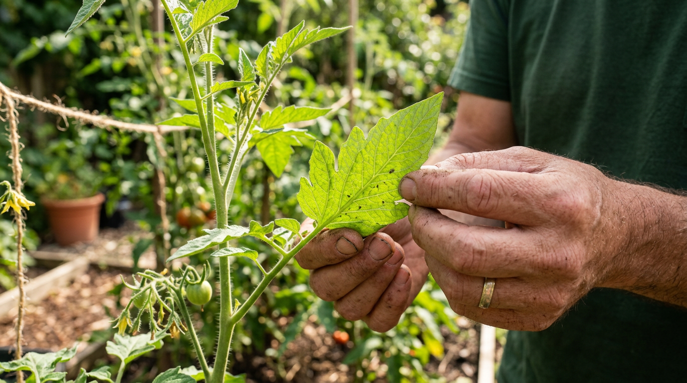 Inspection minutieuse de l'envers d'une feuille de tomate par un jardinier