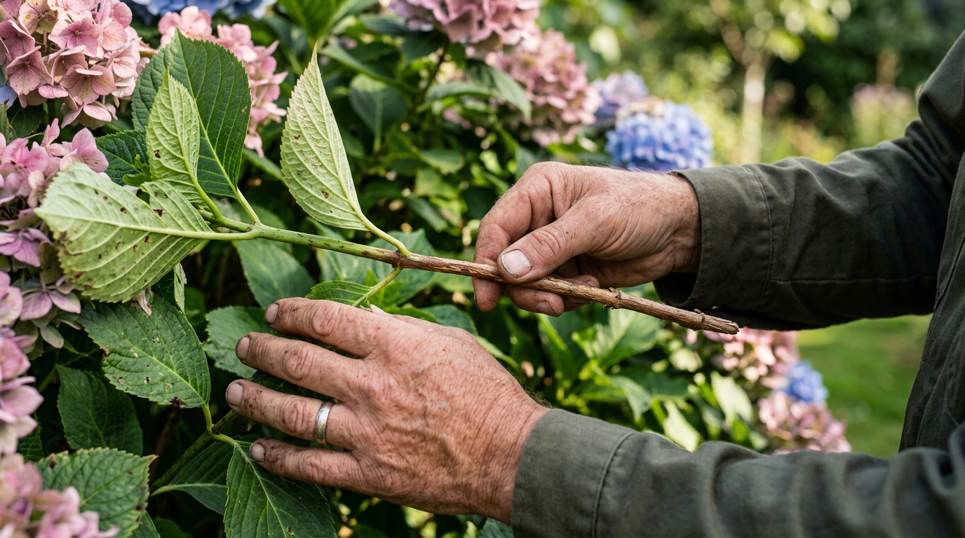 Jardinier inspectant une tige d'hortensia pour le bouturage