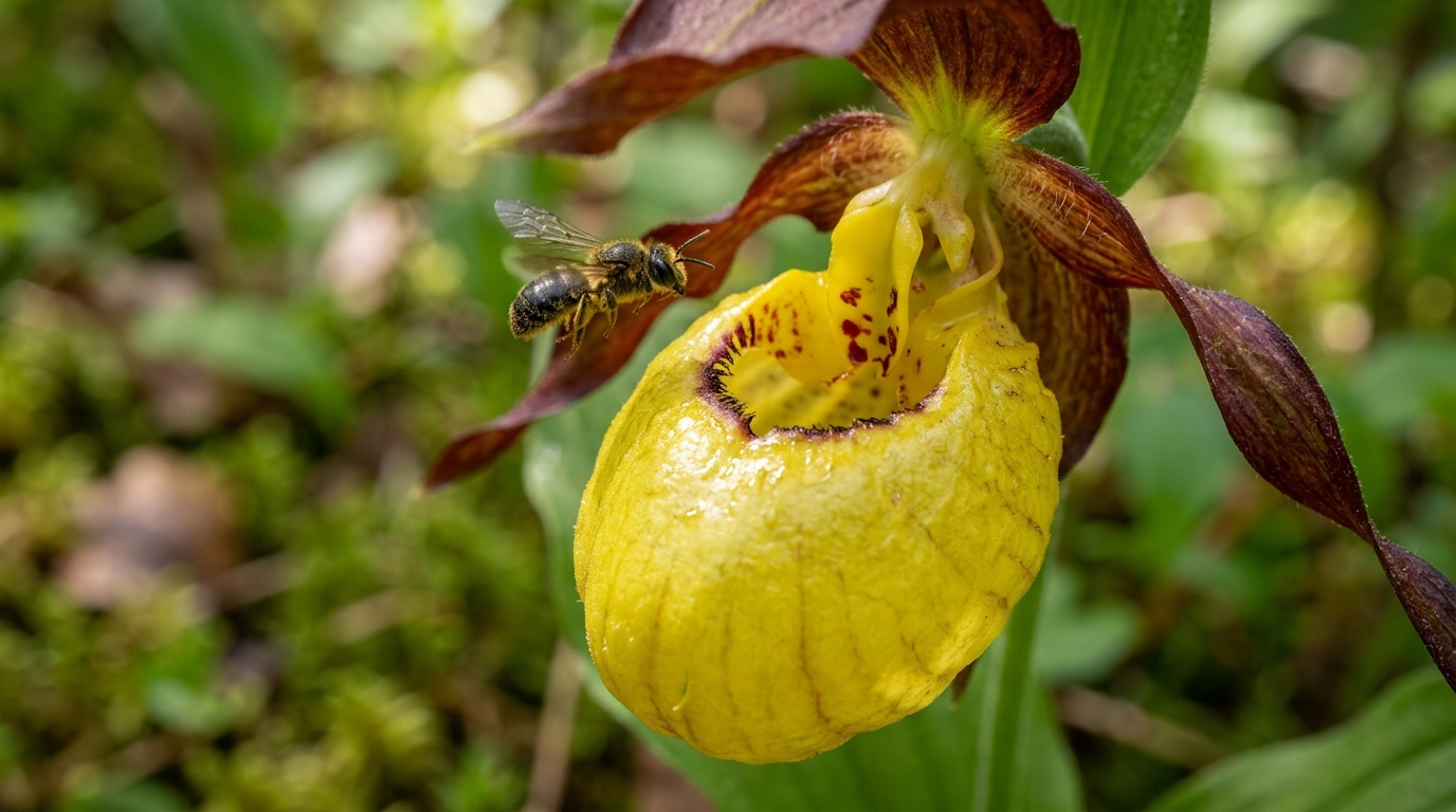 Gros plan sur le labelle en forme de sabot du Cypripedium calceolus avec une abeille