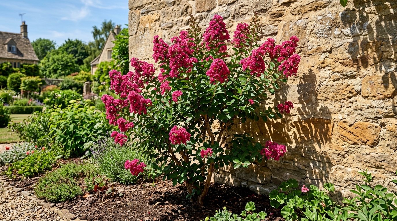 Lagerstroemia planté contre un mur en pierre exposé plein sud pour un microclimat chaud