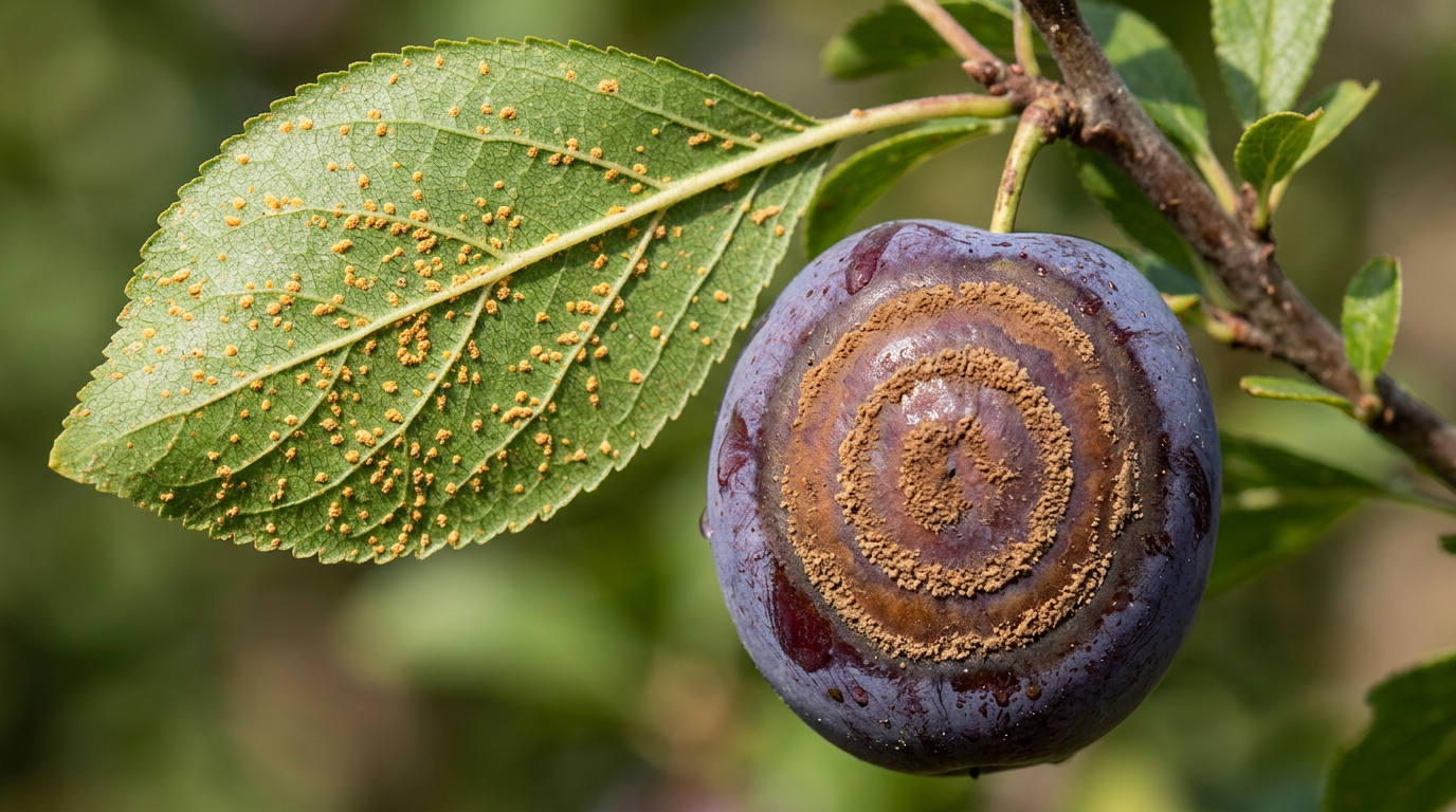Symptômes de moniliose sur fruit et rouille sur feuille de prunier