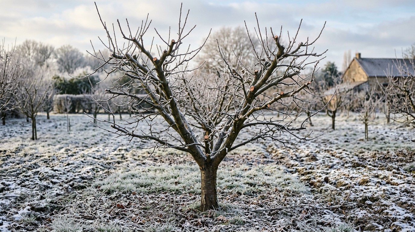 Prunier en repos végétatif hivernal prêt pour la taille de formation