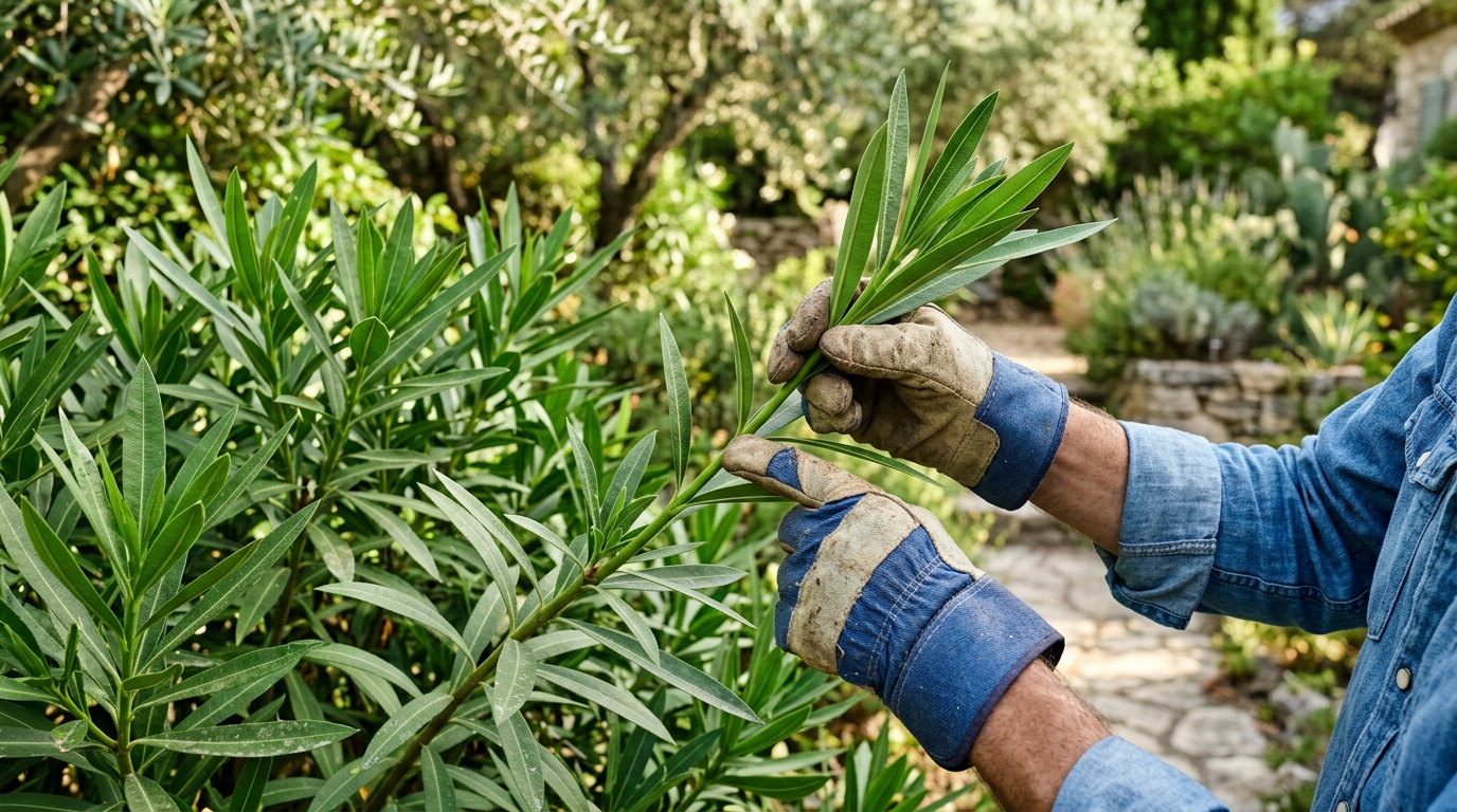 Sélection d'un rameau herbacé de laurier-rose pour le bouturage