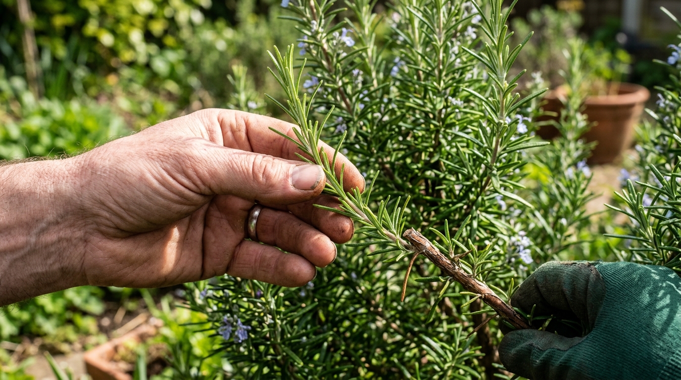 Sélection d'une tige semi-aoûtée de romarin au printemps