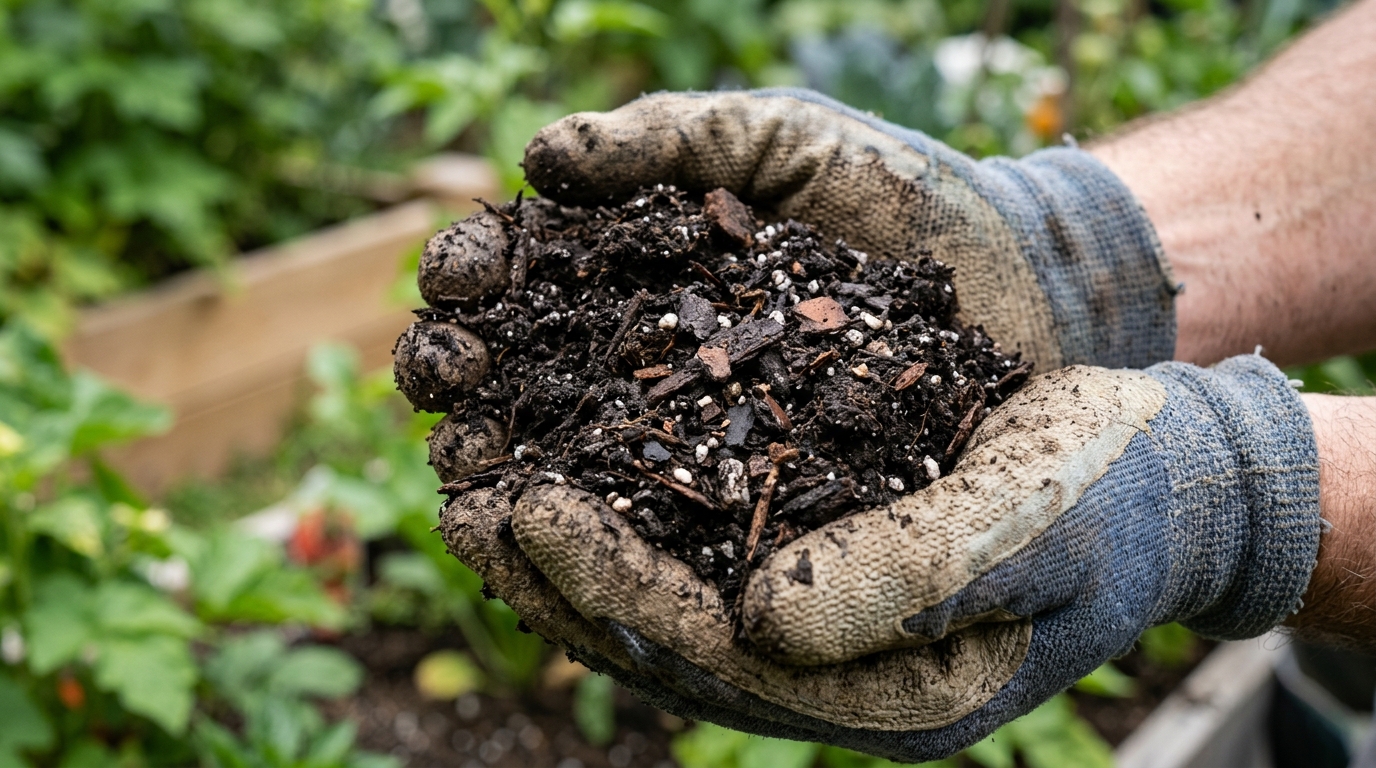 Mains de jardinier tenant du terreau humide et riche