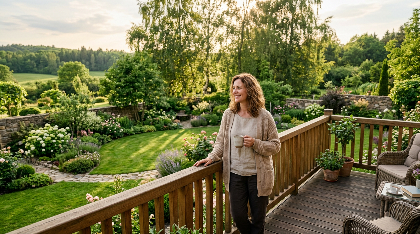Propriétaire serein admirant son jardin bien entretenu depuis sa terrasse