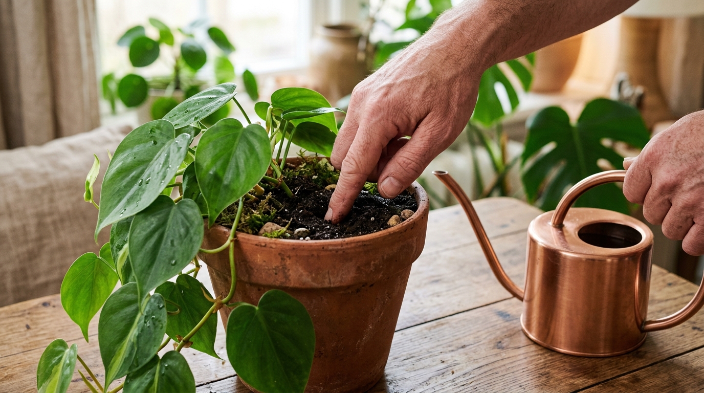 Vérification de l'humidité du terreau avant l'arrosage du Philodendron