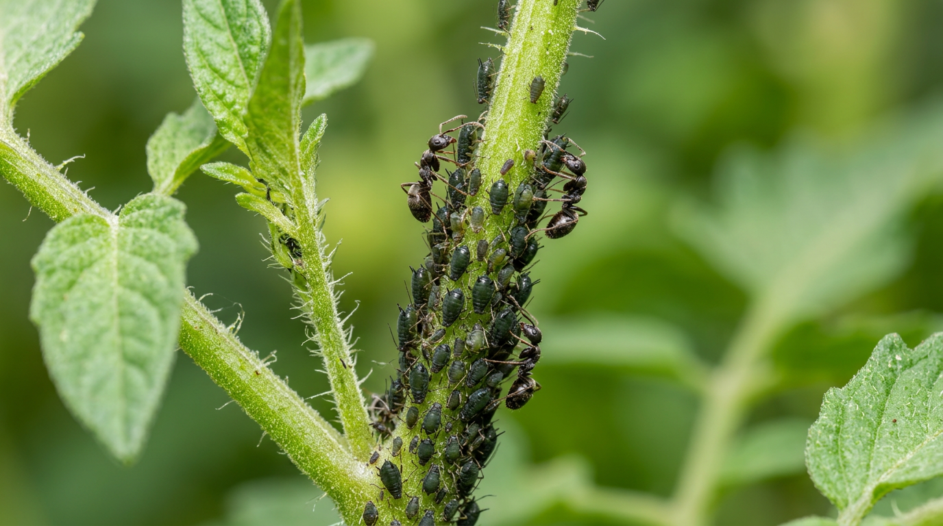 Colonie de pucerons verts et noirs agglutinée sur une tige de tomate