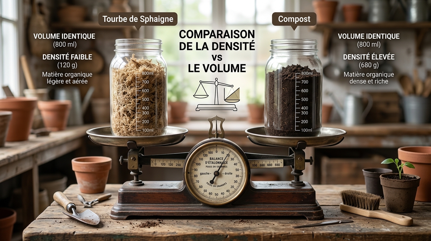 Comparaison de densité entre terreau léger et terreau dense sur une balance