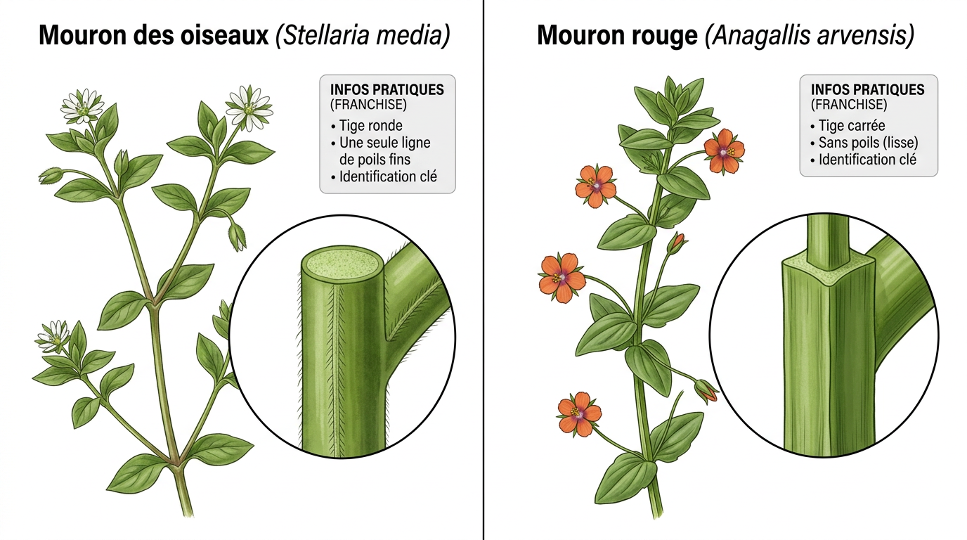 Comparaison tige ronde poilue du mouron des oiseaux vs tige carrée du mouron rouge