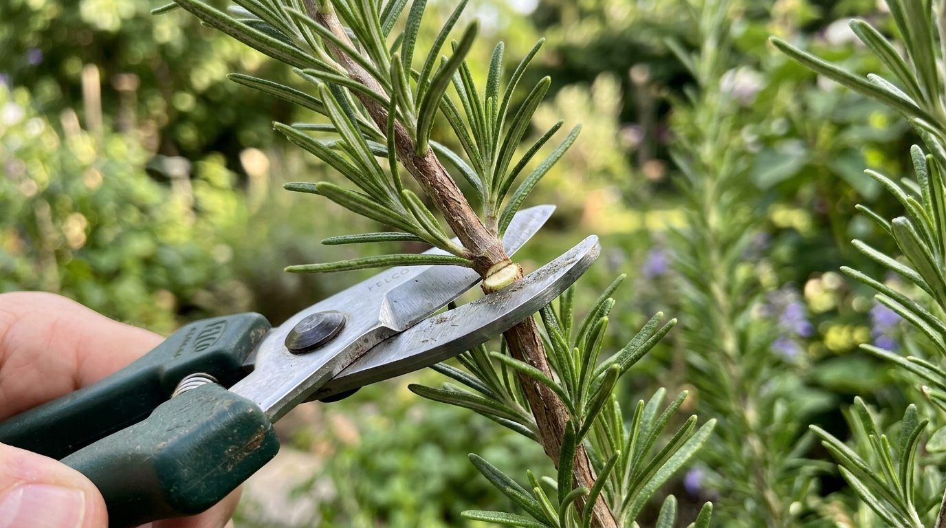 Coupe nette d'une bouture de romarin sous un nœud avec un sécateur