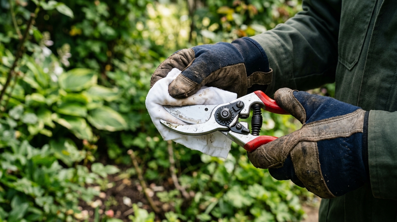 Désinfection d'un sécateur de force à l'alcool pour la taille des arbres