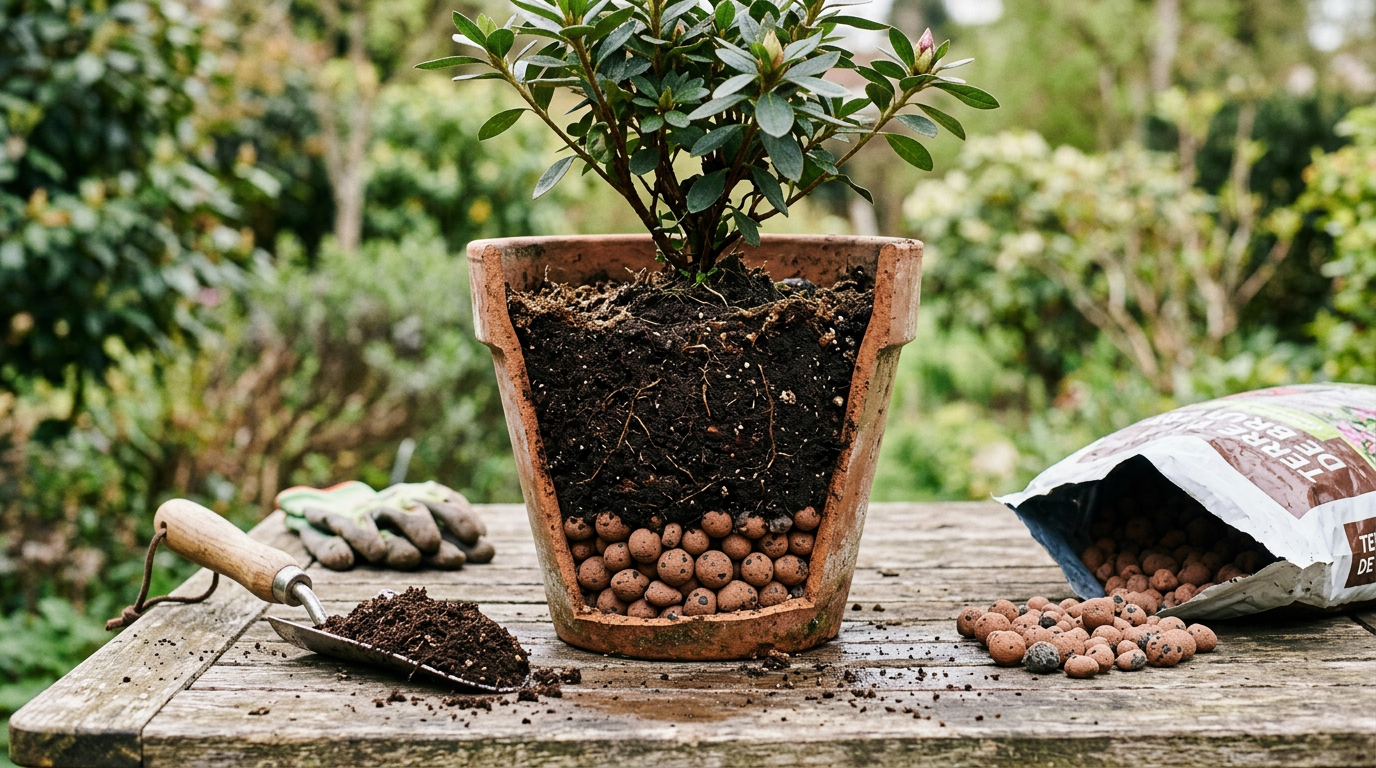 Préparation du substrat et drainage pour la plantation d'une azalée