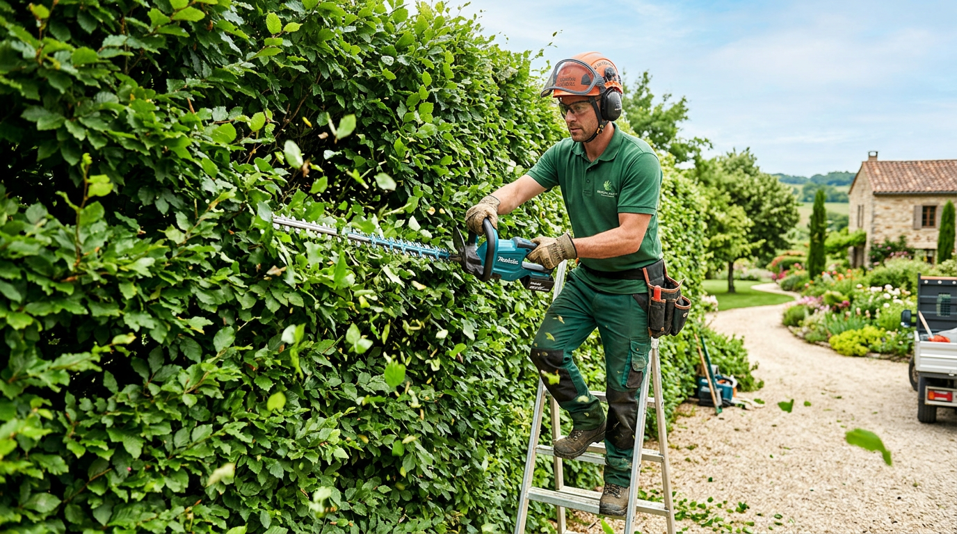 Jardinier professionnel taillant une haie avec précision
