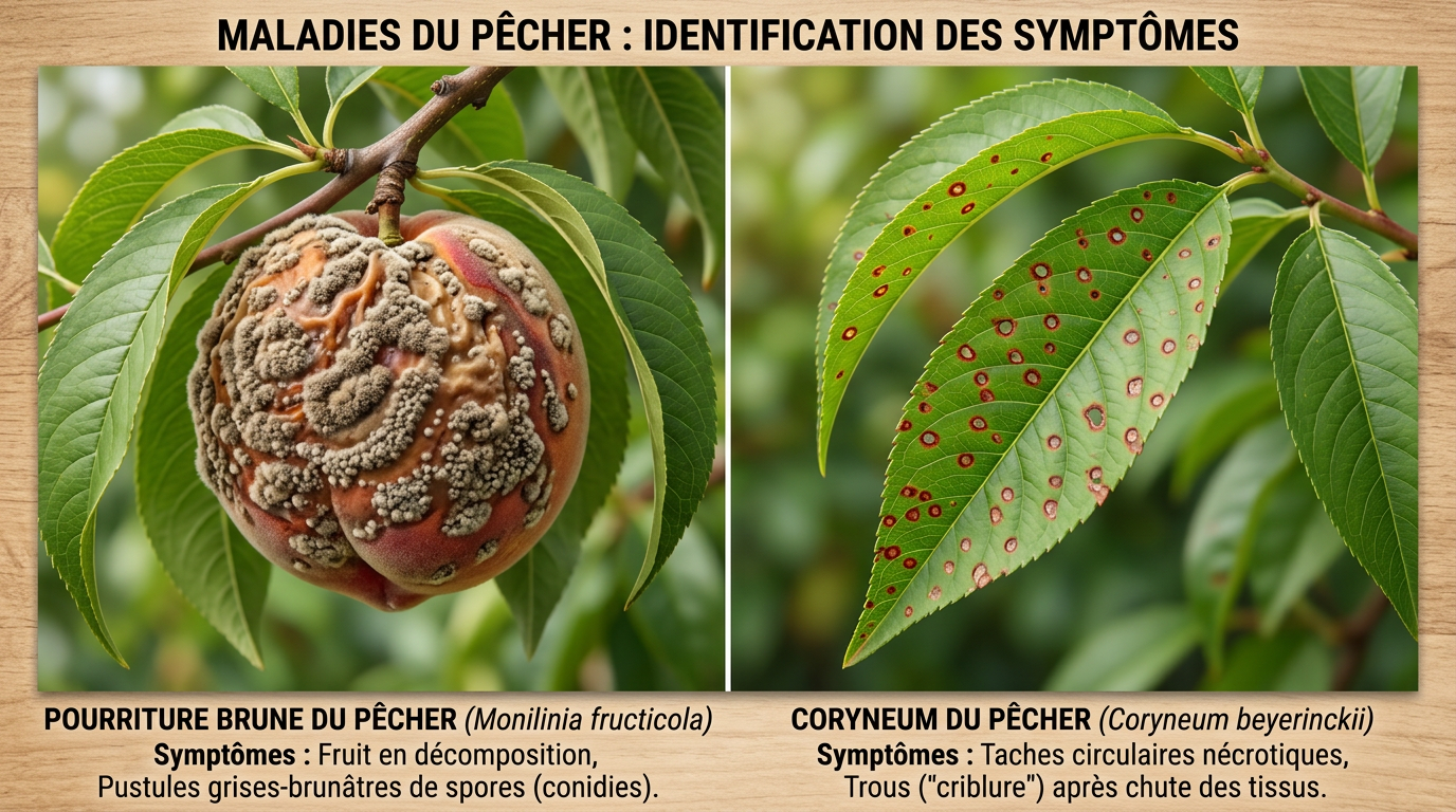 Comparaison moniliose sur fruit et criblure sur feuille de pêcher