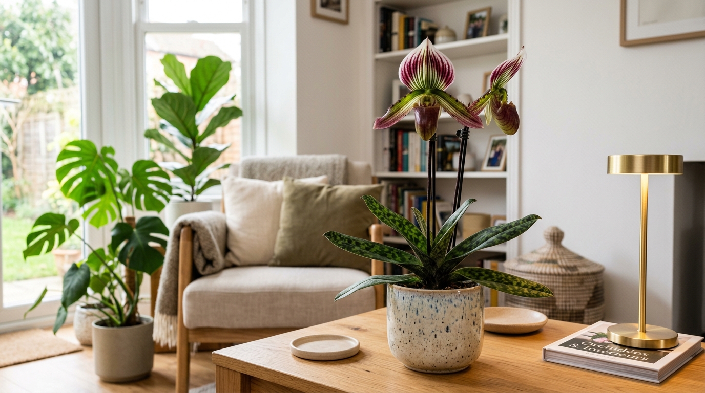 Orchidée Paphiopedilum en pot dans un salon lumineux