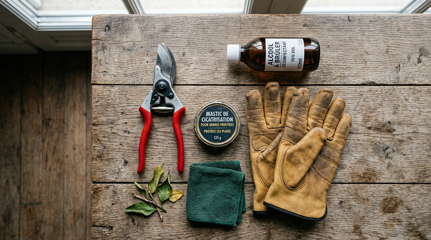 Outils de taille pour agrumes : sécateur, alcool à brûler, gants en cuir et mastic de cicatrisation