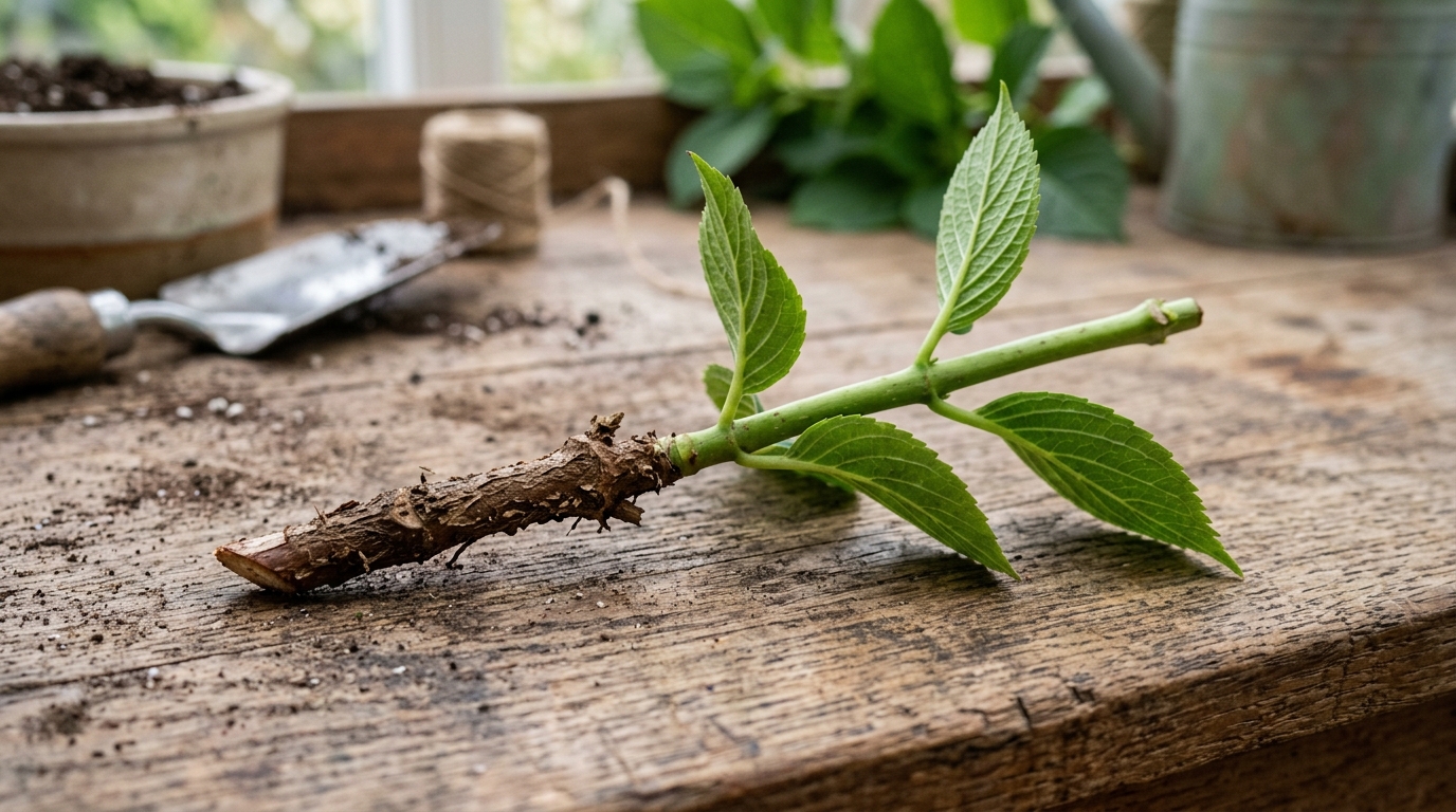 Rameau semi-aoûté d'hortensia prêt à être bouturé