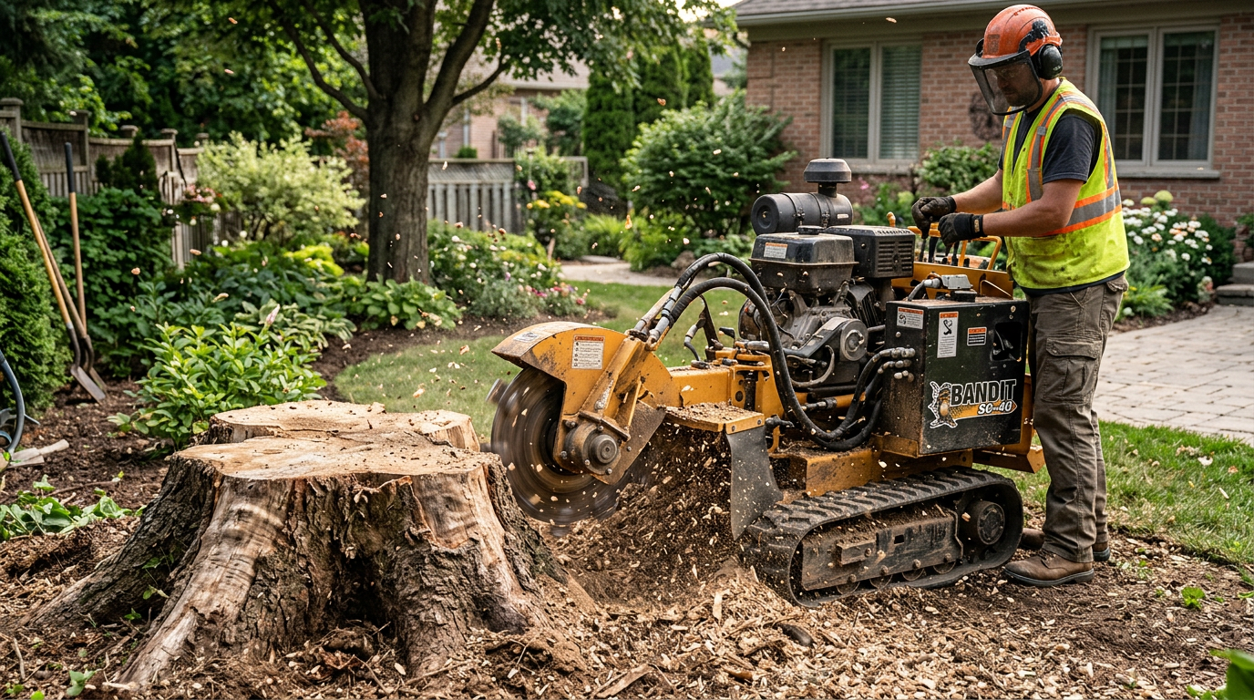 Rogneuse de souche professionnelle en pleine action dans un jardin