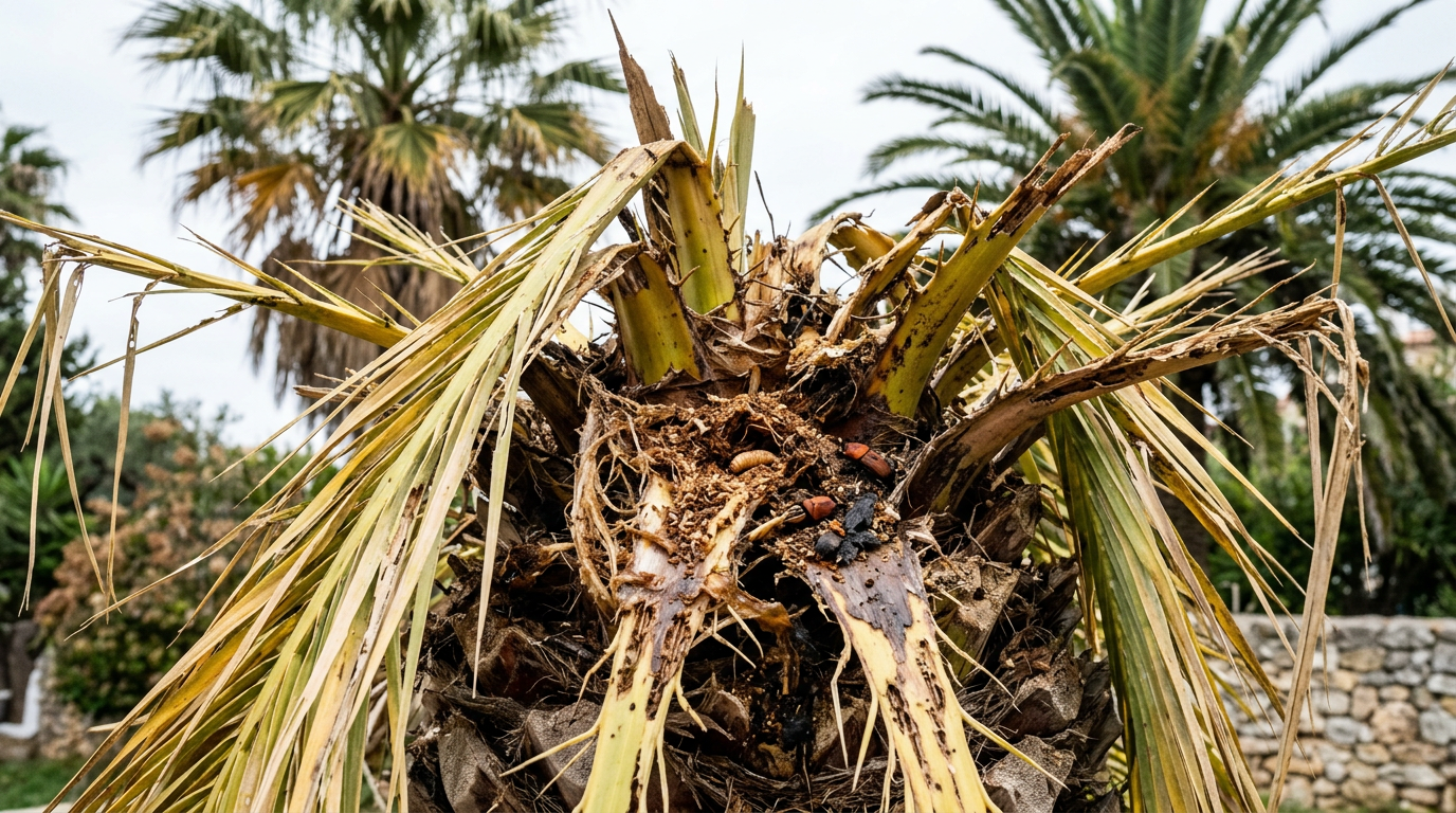 Couronne de palmier affaissée et jaunissante suite à une attaque de charançon