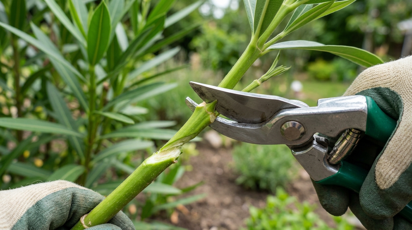 Taille au sécateur et effeuillage d'une bouture de laurier-rose