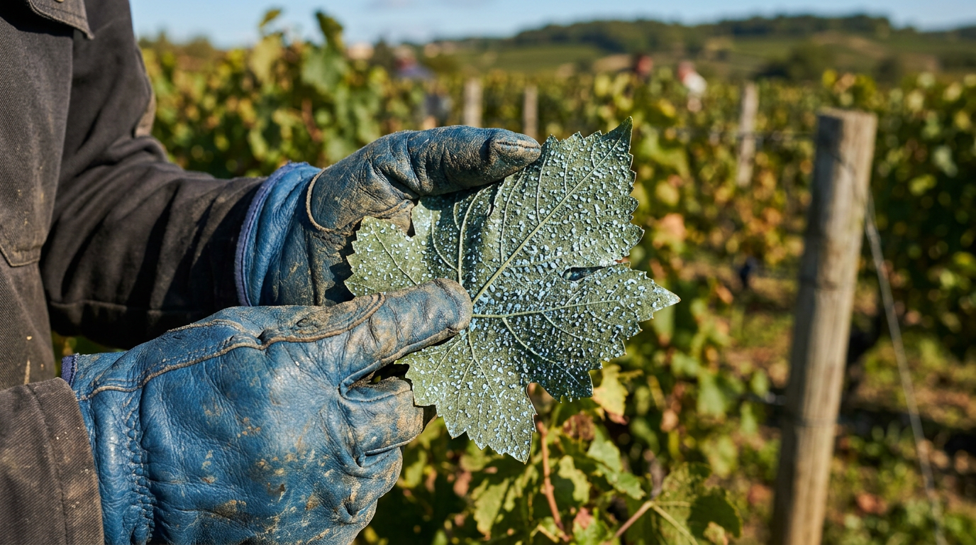 Feuille de vigne traitée à la bouillie bordelaise avec gouttelettes bleutées