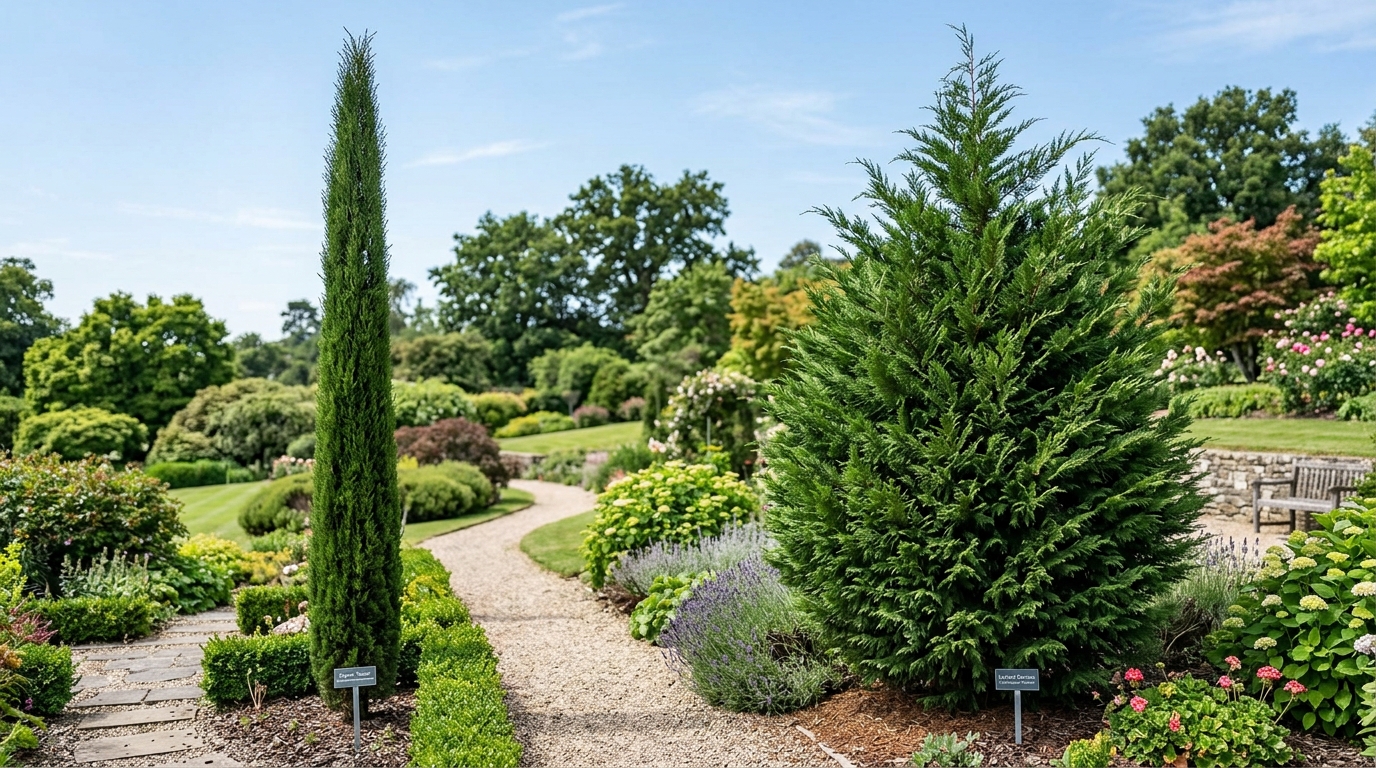 Comparaison entre un cyprès Totem colonnaire et un cyprès de Leyland