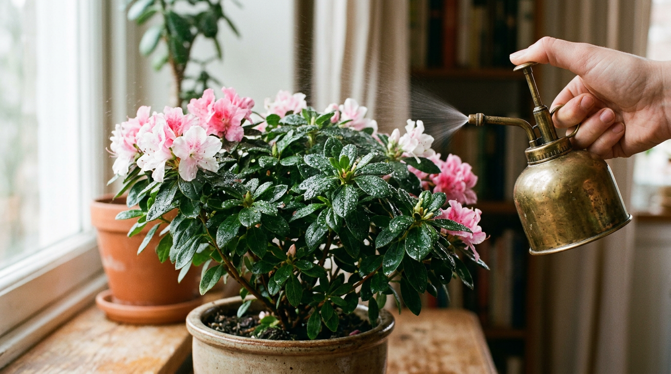 Brumisation du feuillage d'une azalée pour maintenir l'hygrométrie