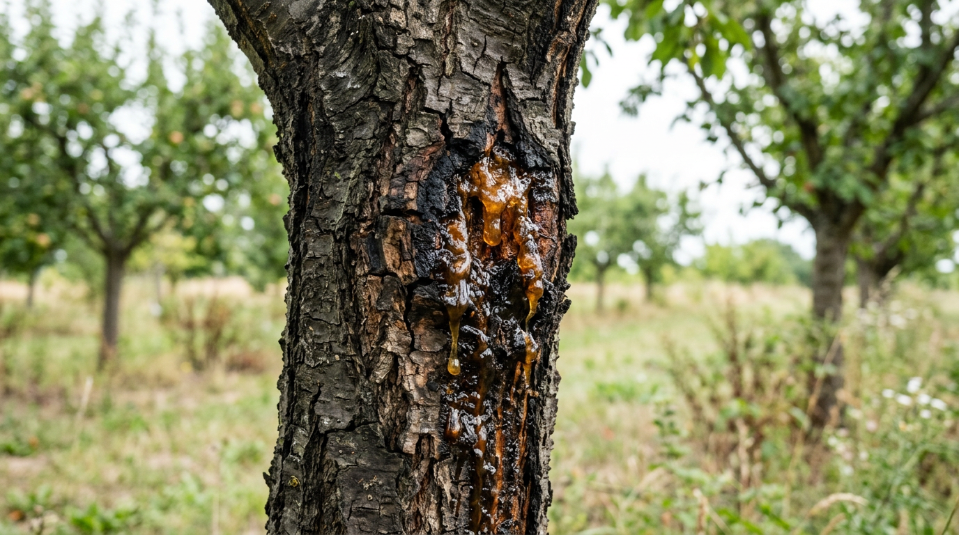 Tronc de prunier atteint de chancre bactérien avec écoulement de gomme