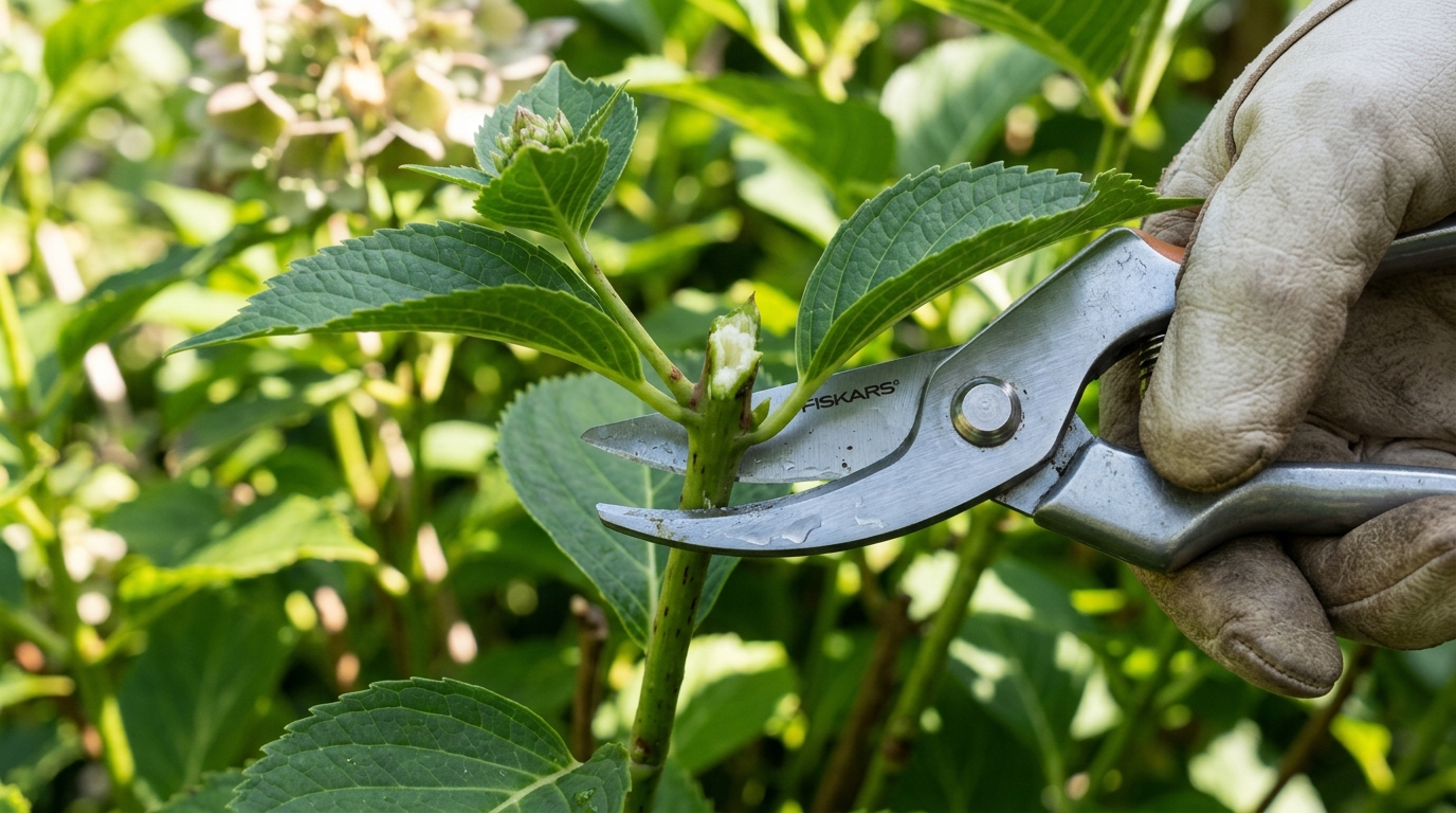 Coupe précise d'une bouture d'hortensia sous un nœud avec un sécateur