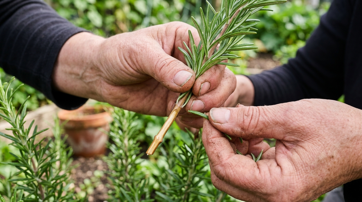 Effeuillage de la base d'une bouture de romarin