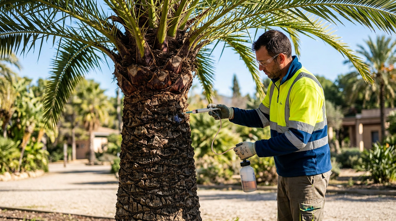 Arboriste professionnel réalisant une endothérapie sur le stipe d'un palmier