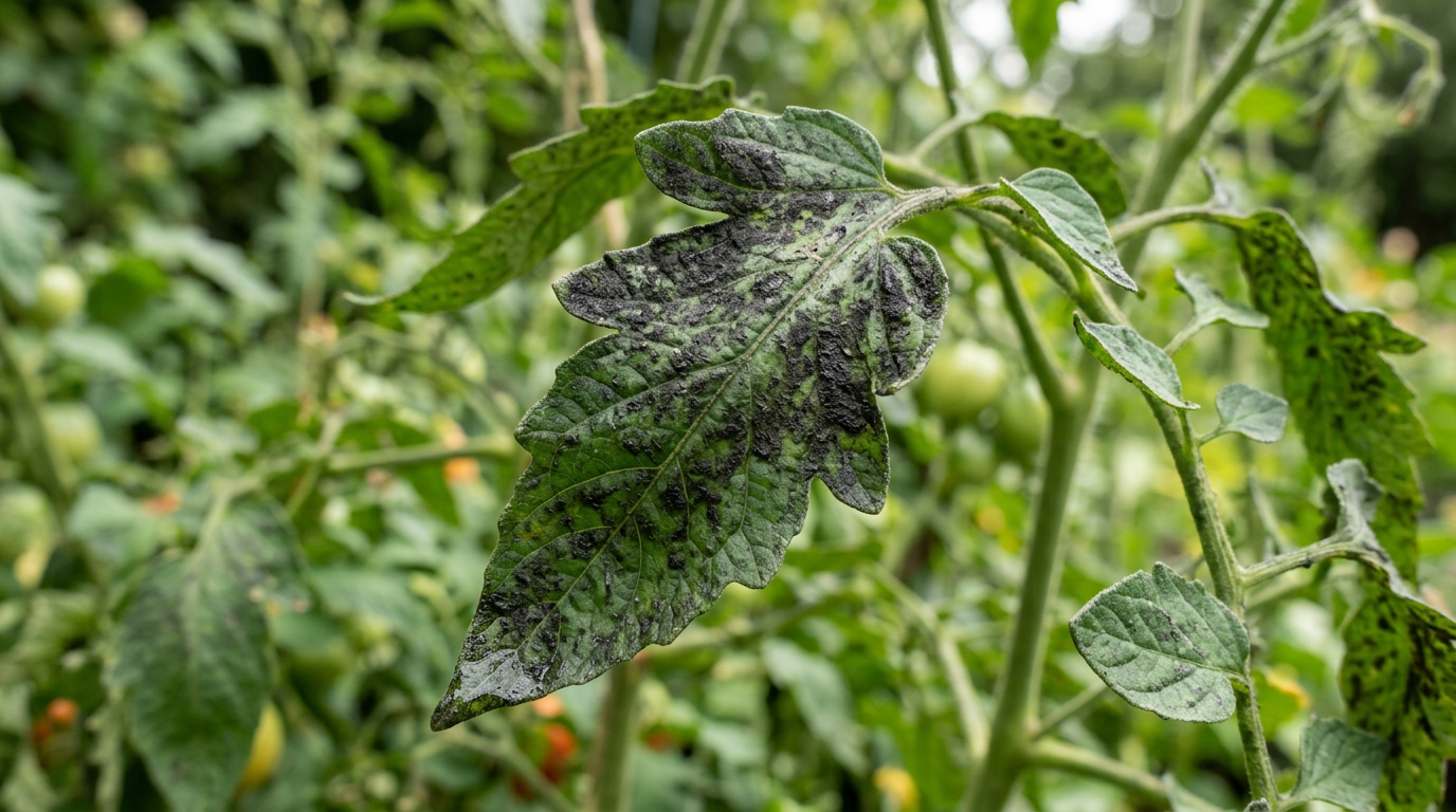 Feuille de tomate recouverte de fumagine noire due au miellat des pucerons