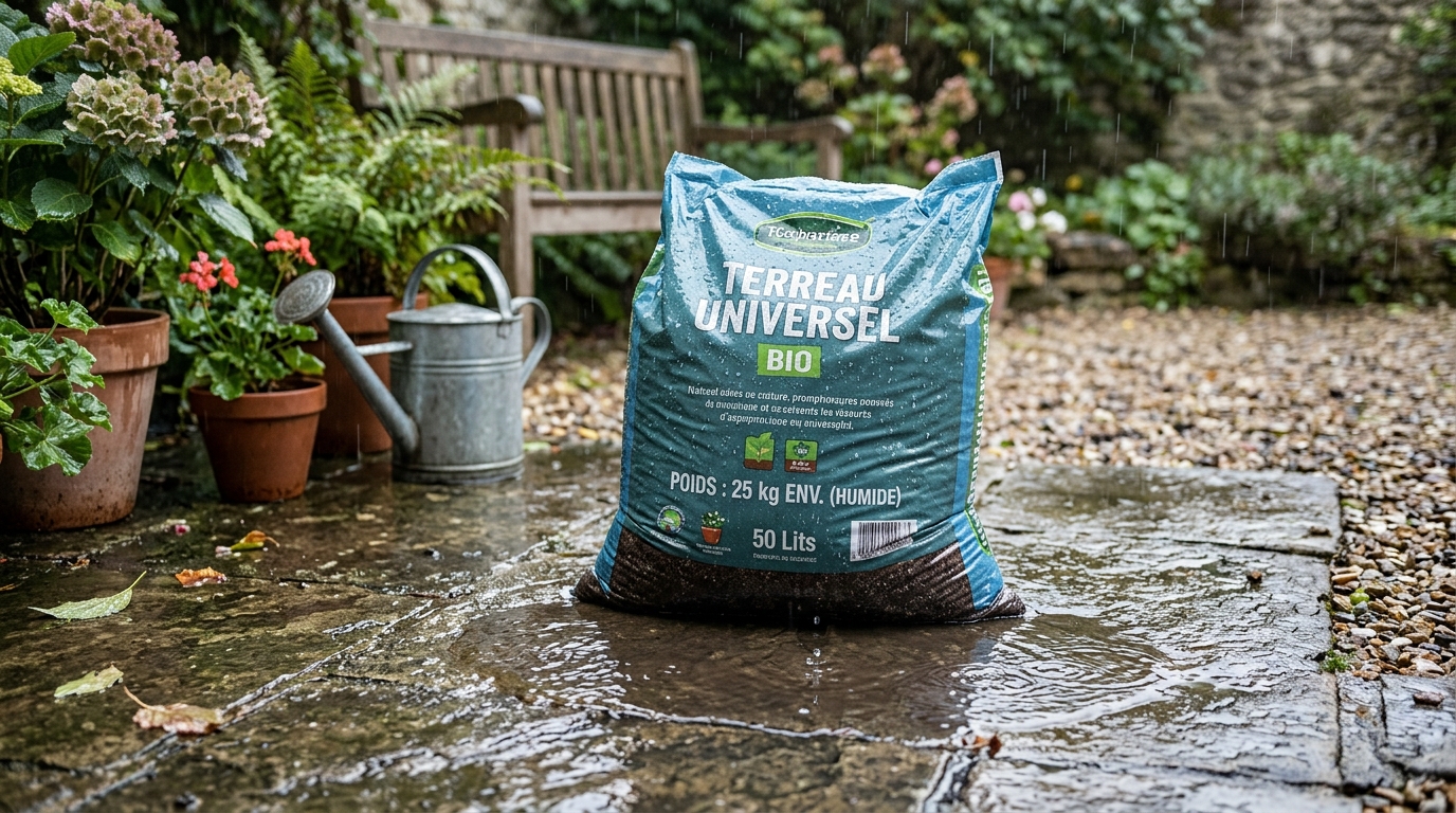 Sac de terreau exposé à la pluie absorbant l'humidité