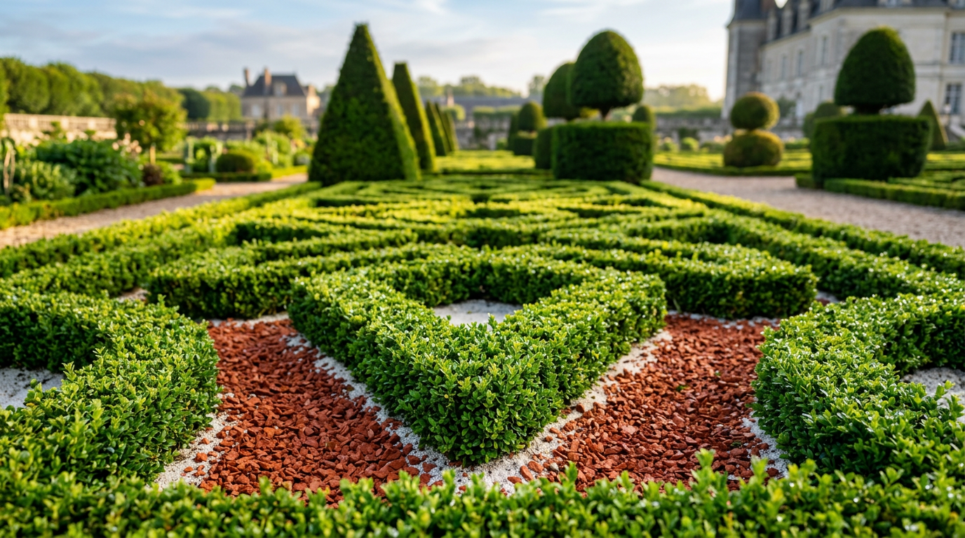 Détail de parterres de broderie en buis et art topiaire taillé en pyramide