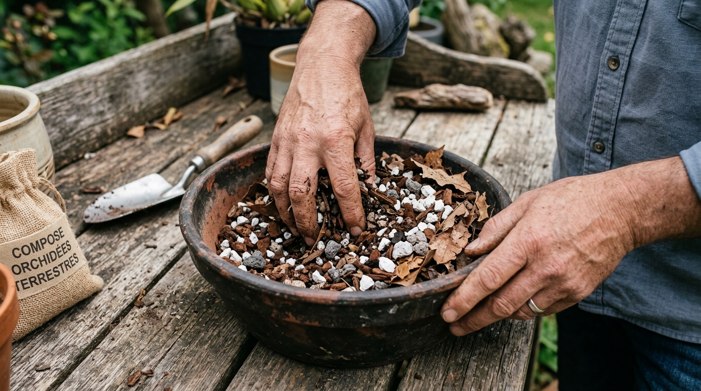 Mélange de substrat drainant pour orchidée terrestre avec écorces et pierre ponce
