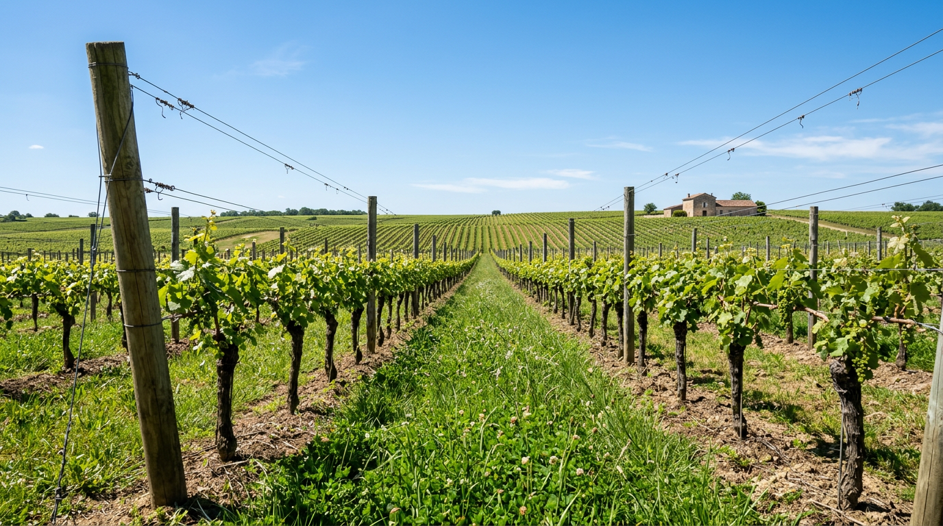 Rang de vigne bien entretenu avec enherbement et feuillage aéré